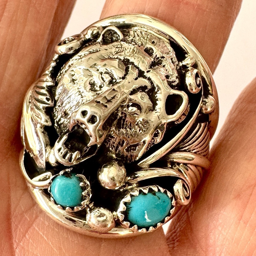 Bear Head Navajo Mens Ring Kingman‎ Turquoise Sz 12 Sterling Signed Sanders